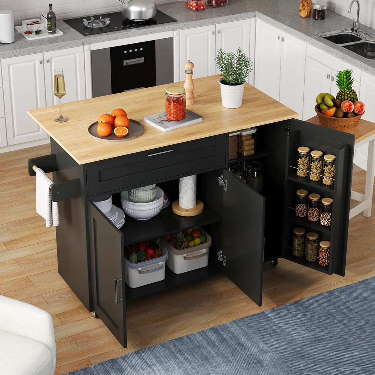 KÜCHENINSEL 132,5/90/44(70) cm Schwarz/Natur aus MDF mit klappbarer Arbeitsplatte - Schwarz, Holzwerkstoff (44/90/132.5cm) - OKMYHOME