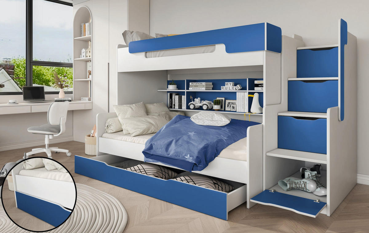 ETAGENBETT HARRY 260x129 cm – Stockbett für 2 Personen mit Treppe, Stauraum und 2 Matratzen - Blau, Holz (120/200cm) - Wohnideebilder