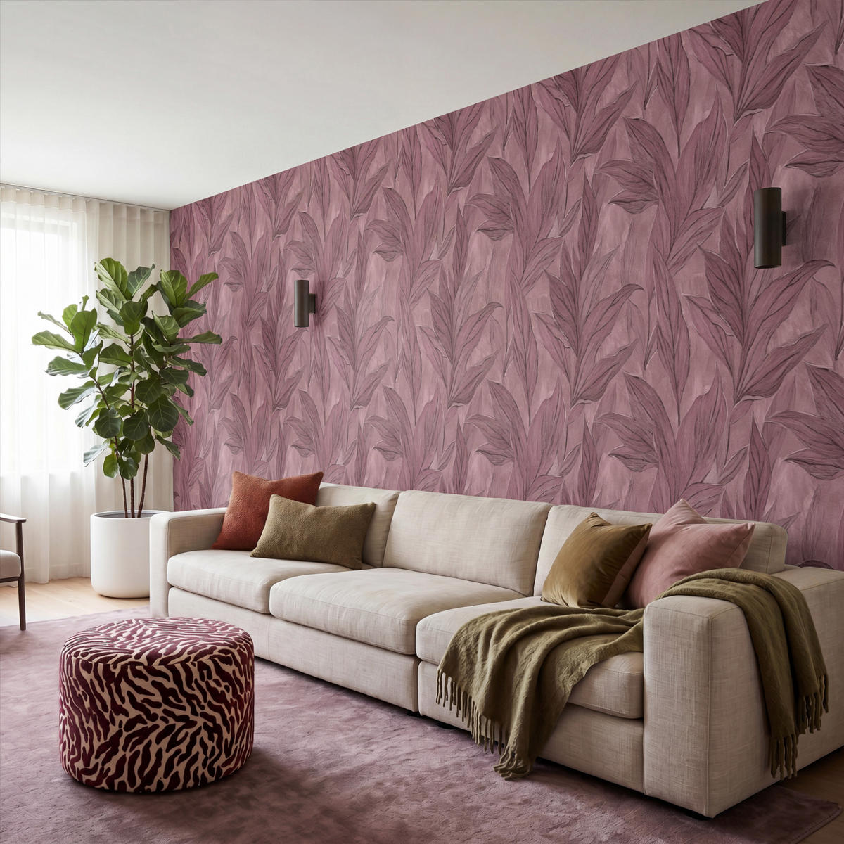 TAPETE - Blätter - Muster - Lila - 500x200 cm - Altrosa, Papier (500/200cm) - OnlyWow