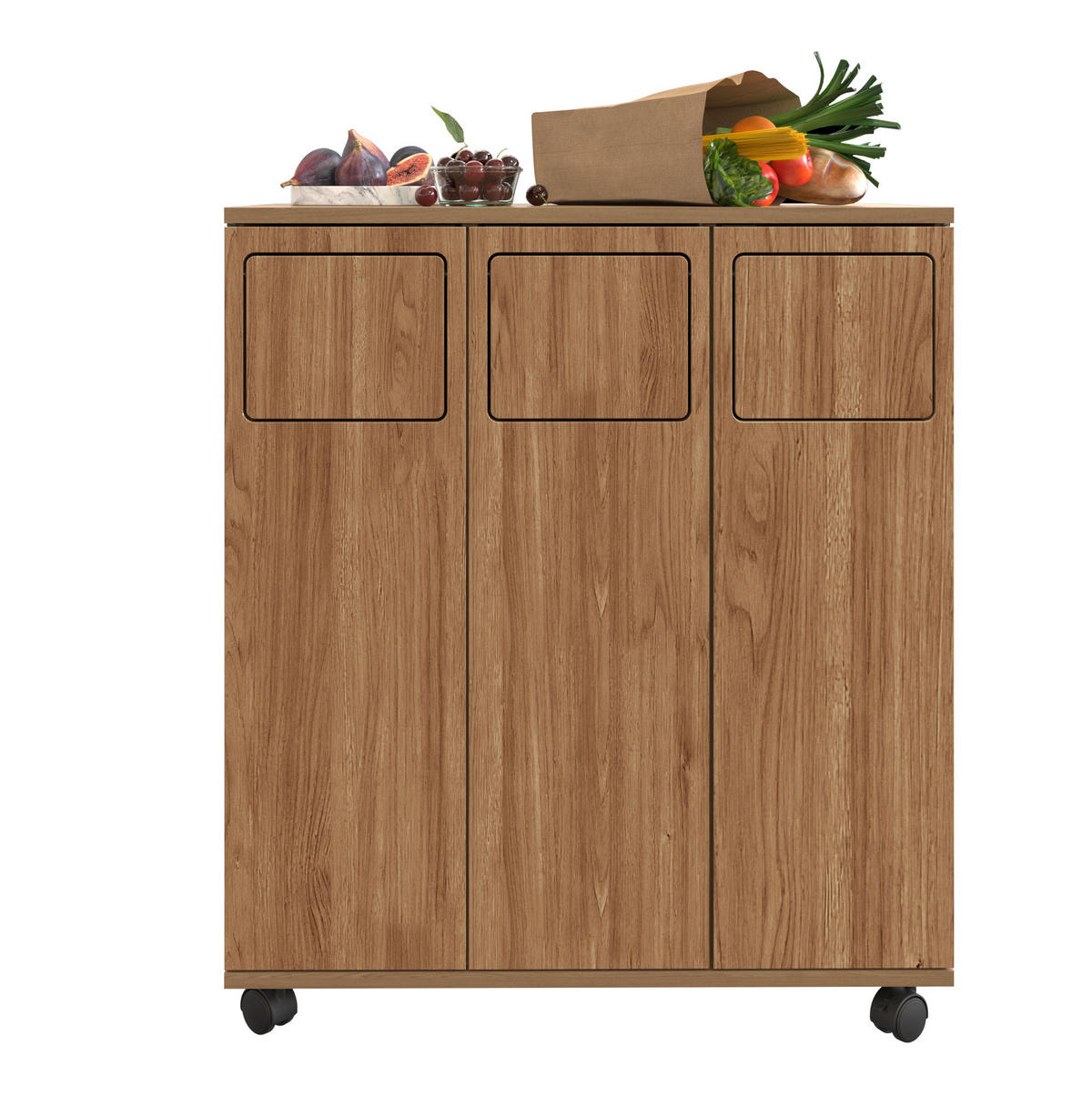 SKŘÍŇKA na třídění odpadu z MDF 69,3x35x80,3 cm přírodní na kolečkách se 3 přihrádkami a dvířky 180° - přírodní, kompozitní dřevo (70/80/35cm) - Modfu