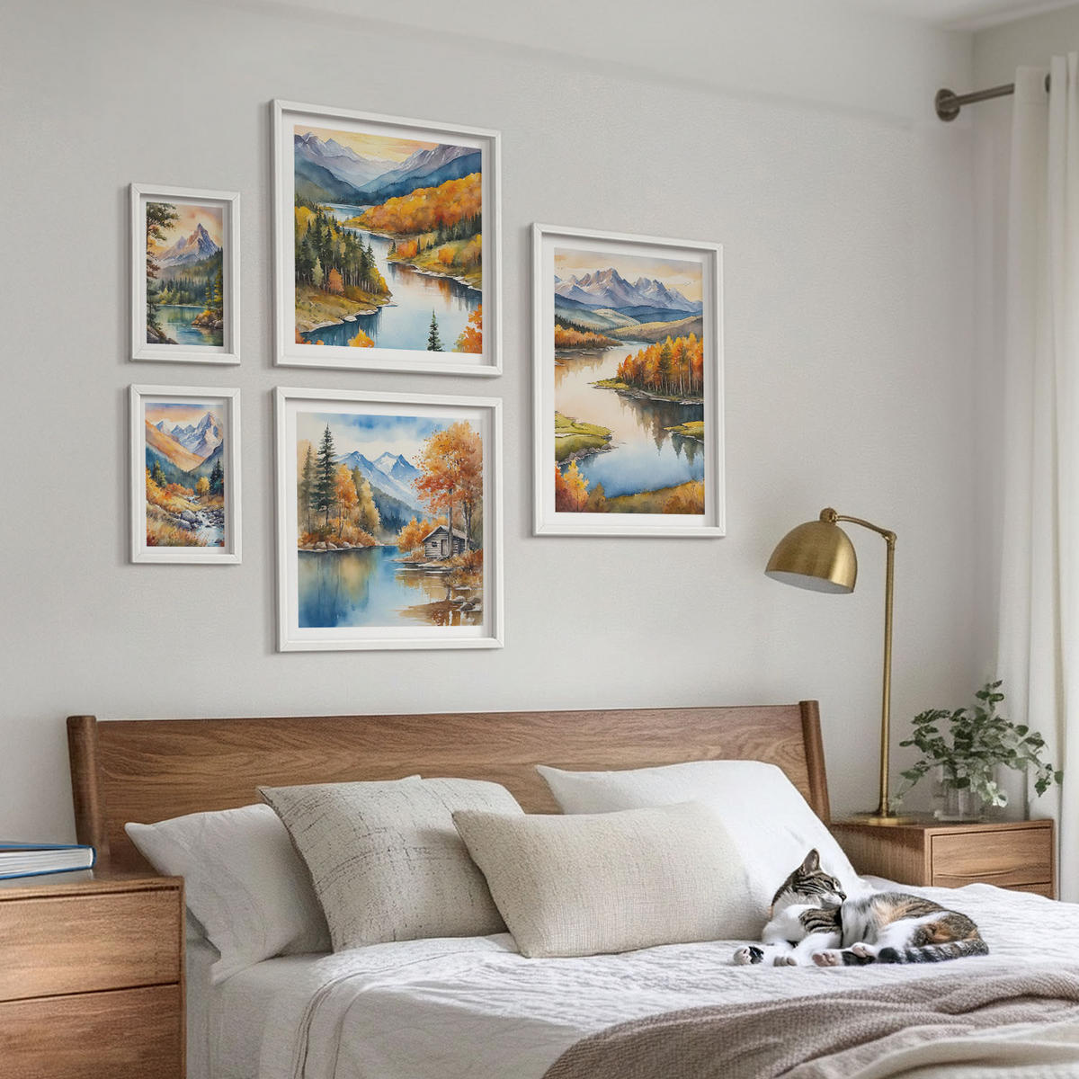 BILDER SET 5er Set - 50x50 cm & 20x30 cm & 40x60 cm Weißer Rahmen - Berglandschaft mit einem Fluss - Weiß, Kunststoff (40/60cm) - TULUP