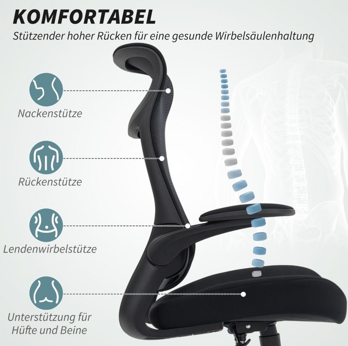 BÜROSTUHL ergonomisch höhenverstellbar Netzrücken Schwarz - Schwarz, Kunststoff (64/118/65cm) - Meubliv