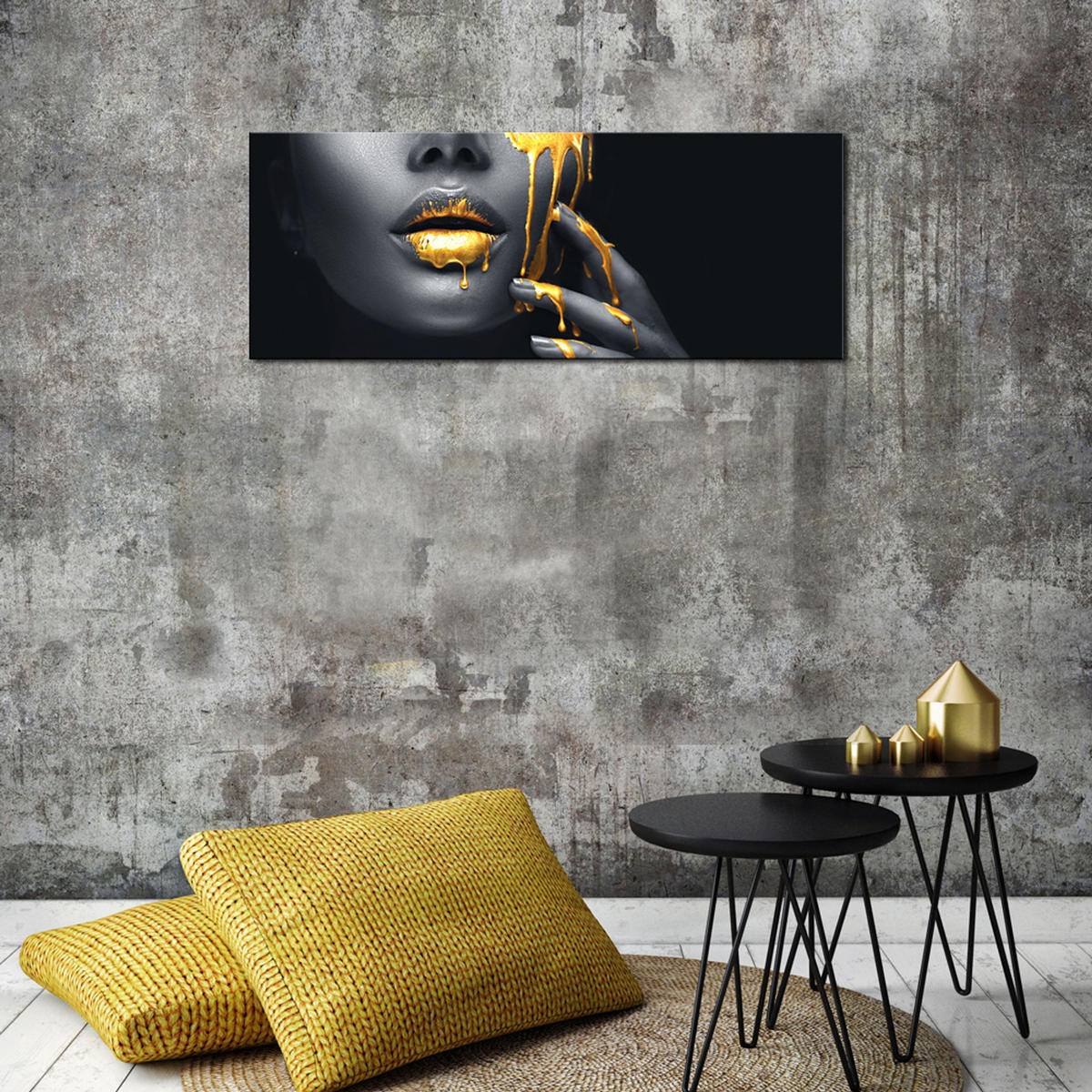 GLASBILD 80x30 cm Lips schwarz gold - Gelb, Glas (80/30cm) - artissimo