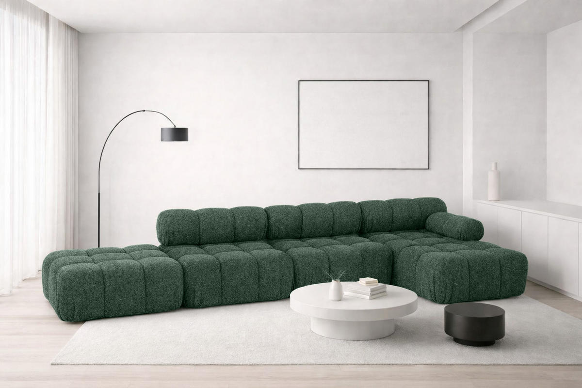 ECKSOFA L-Form XL, Stoff Bouclé Abriamo, Dunkelgrün, Rechts, Selia L XL - Dunkelgrün, Holz (380/160cm) - Kaiser Möbel