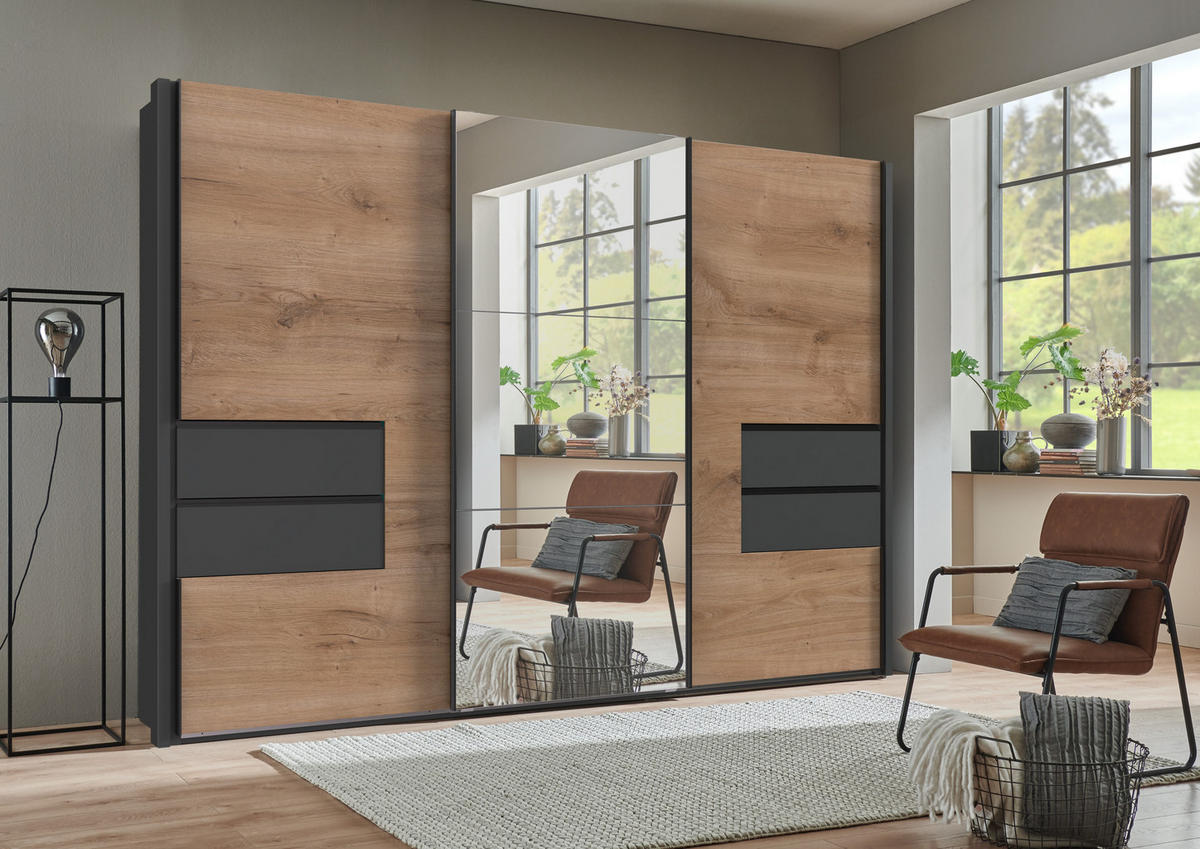 SCHWEBETÜRENSCHRANK B312/H216/T65 cm, Korpus+ Passepartout+Schubladen Grafit, Türen eichefarben / Spiegel, inkl. Vollausstattung / 22064 - Eichefarben/Schwarz, Holzwerkstoff/Metall (312/216/65cm) - luma-home