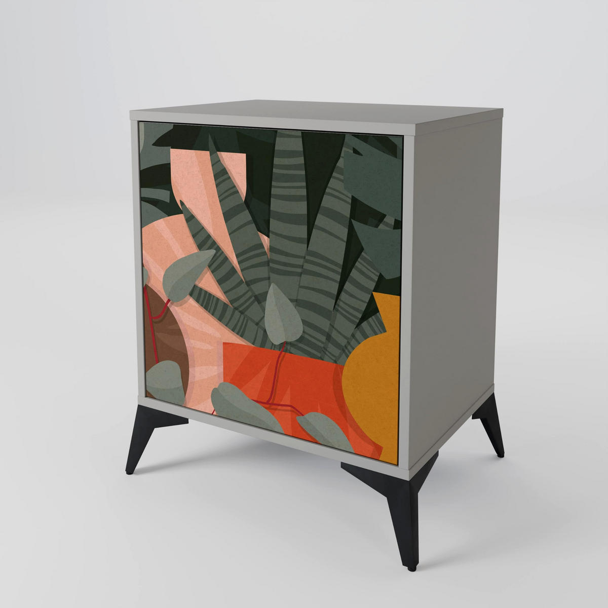 SIDEBOARD TROPICAL COMPOSITION, Grau, 57,5x42x67,5 cm, Schwarze Metall-Rahmenfüße - Multicolor/Schwarz, Holzwerkstoff/Metall (57.5/67.5/42cm) - SpaceRebels