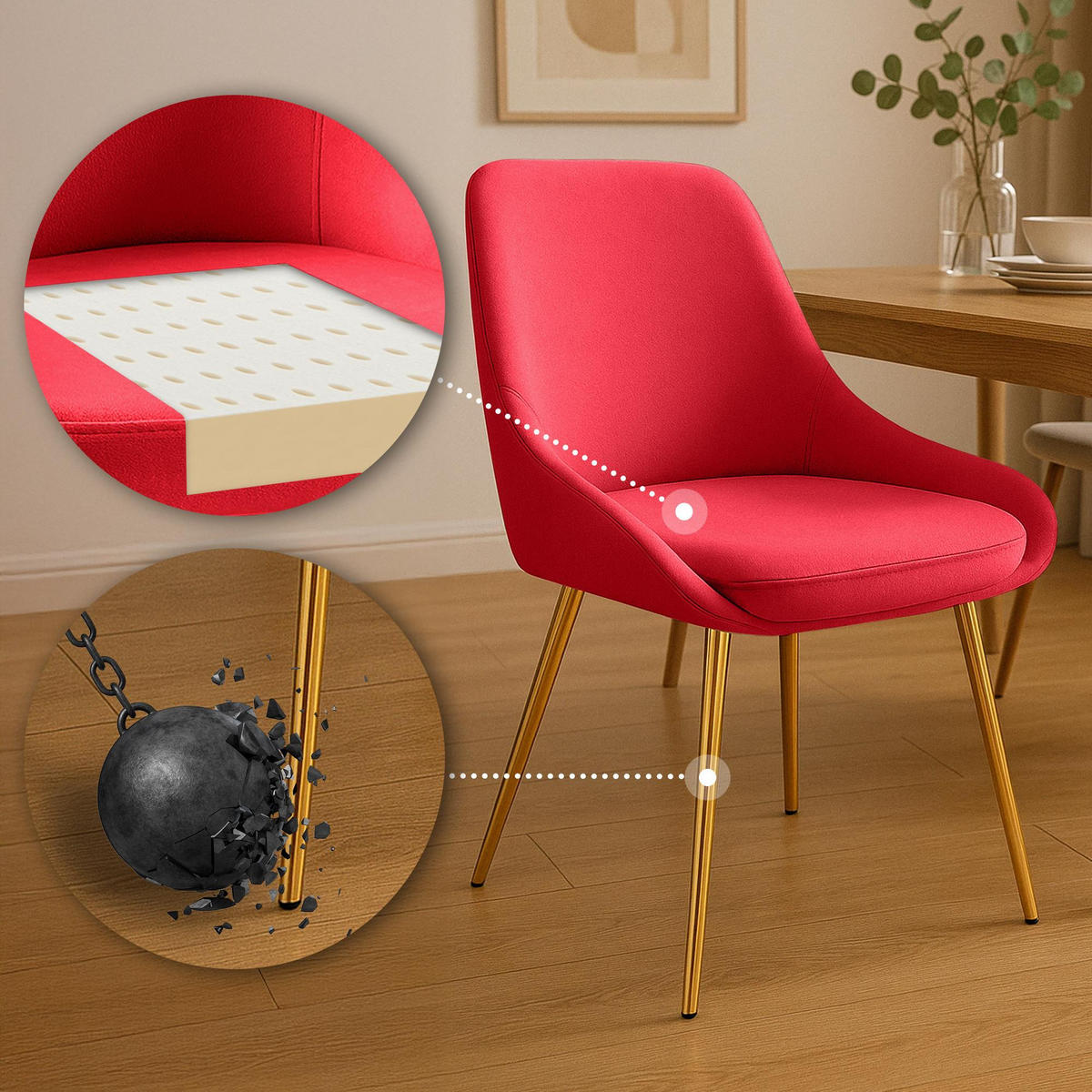 STUHL Samt Rot - Rot/Goldfarben, Textil (50/86/53cm) - CLP