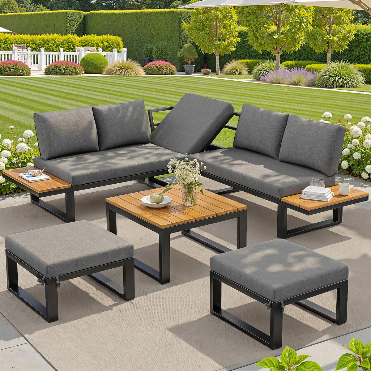 GARTENLOUNGE 6tlg Grau Beige Ecksofa Tisch Hocker verstellbar - Grau, Metall - FLIEKS