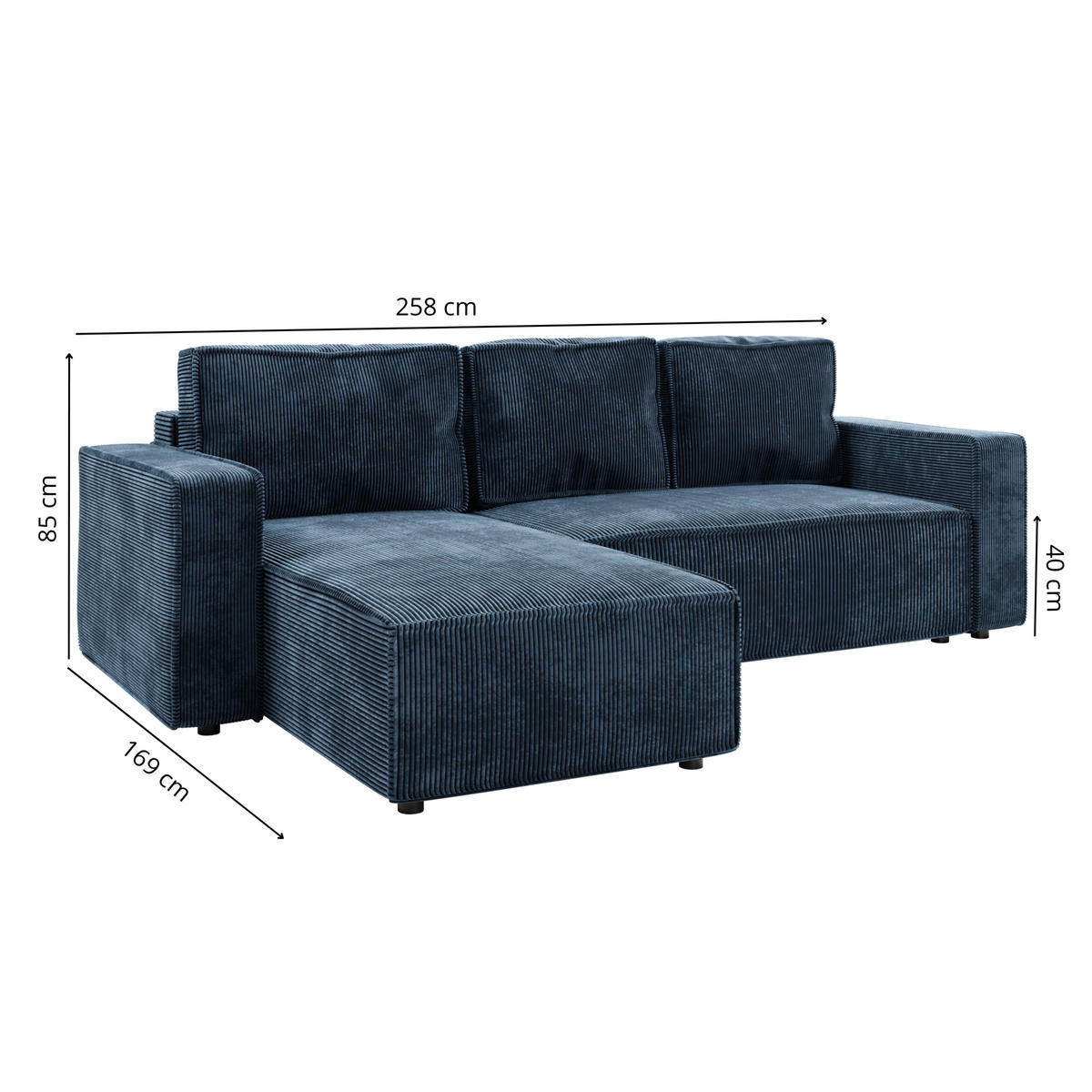 ECKSOFA BRIK 258x169 cm, Meerblau Cord Poso, Schlaffunktion & Bettkasten - Dunkelblau, Textil (258/169cm) - Excellent Home