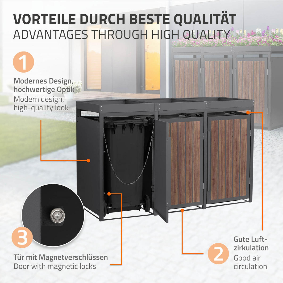 MÜLLTONNENBOX 3er mit Pflanzdach 240L Anthrazit-Holzoptik aus Stahl - Dunkelbraun, Metall (80/124/196cm) - ML-DESIGN