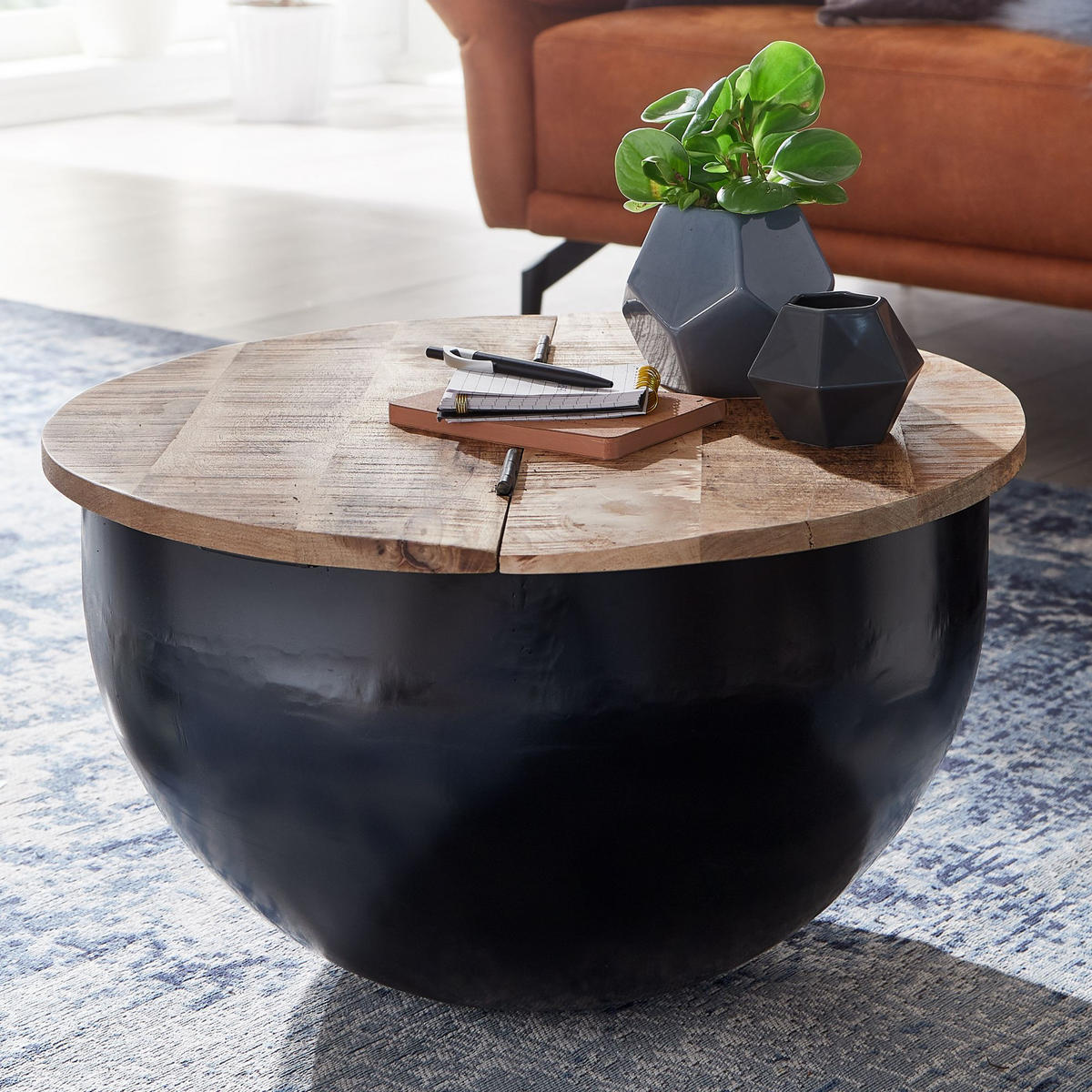 COUCHTISCH Industrial-Style Mango-Holz mit Metall, Aufklappbarer Stauraum - Schwarz, Holz/Metall (60/60/34cm) - KADIMA DESIGN