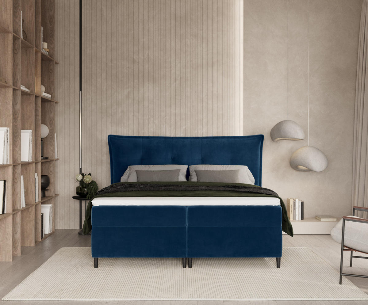 BOXBETT Sinai Dunkelblau 140/200 cm mit Taschenmatratze und Topper - Schwarz/Dunkelblau, Holz/Holzwerkstoff (140/200cm) - Maison de Reve