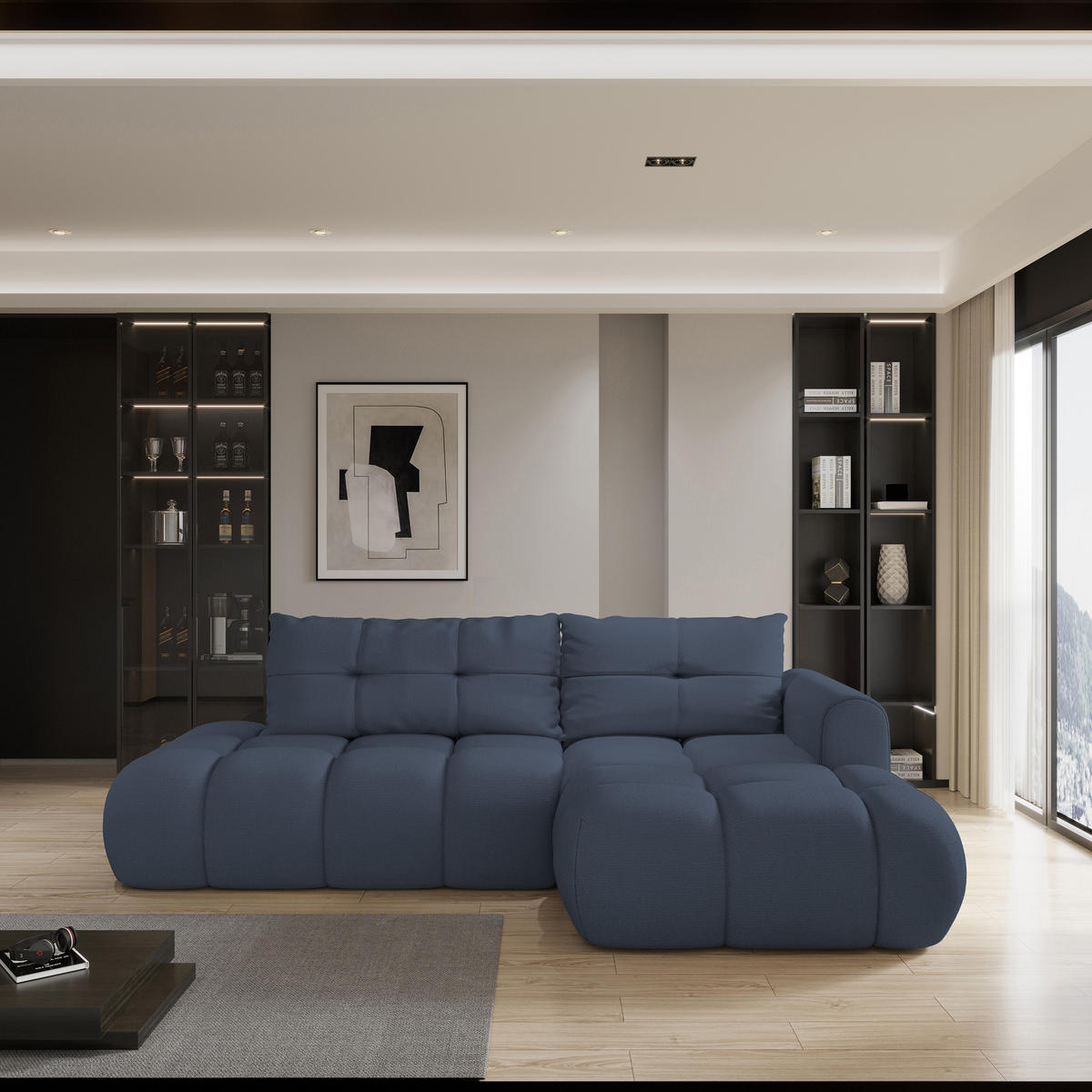 ECKSOFA FLUMA R-S Blau Geflochtener Stoff mit Schlaffunktion - Blau, Holz (274/165cm) - MASSENO