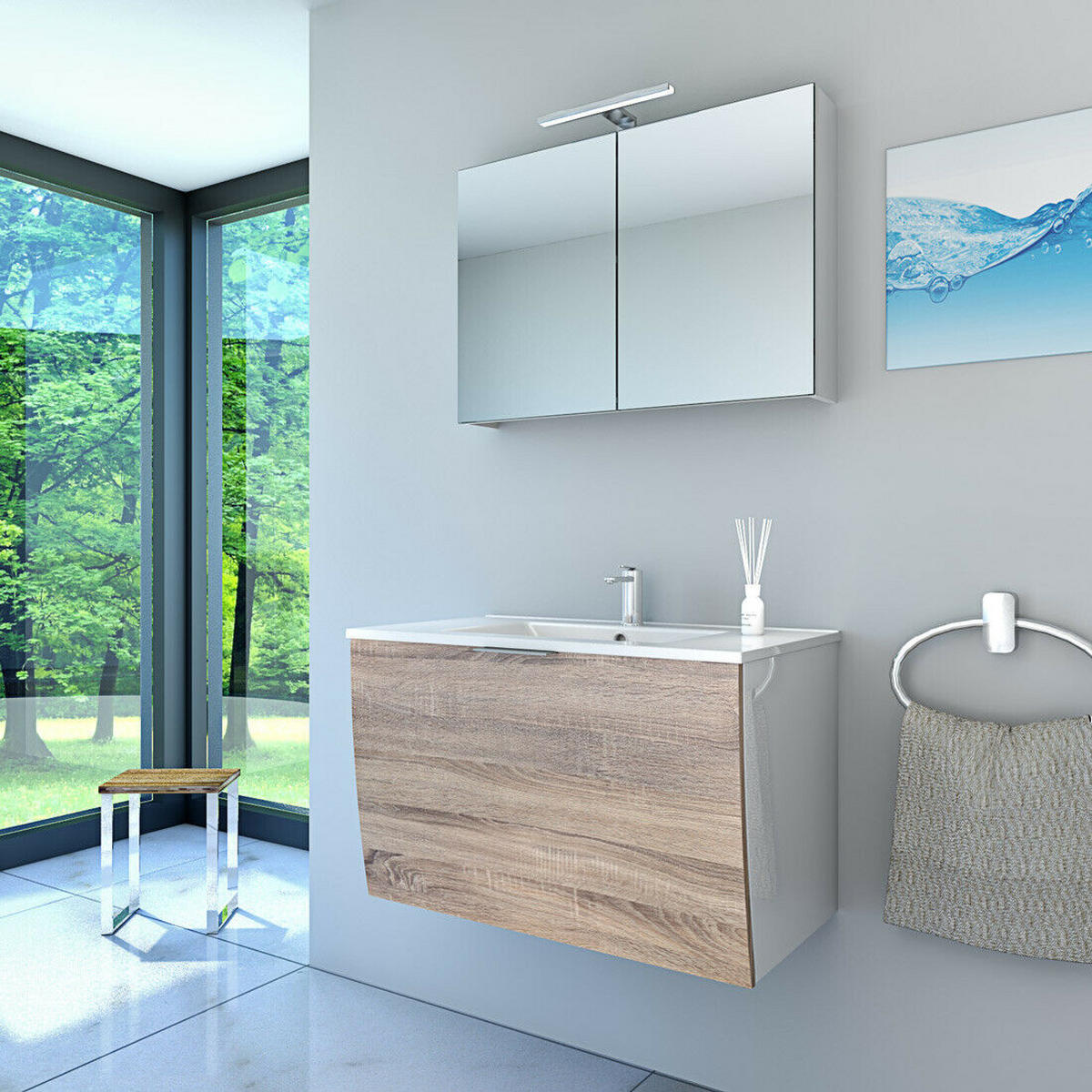BADMÖBEL Set Gently 1 V1 Weiß/Eiche MDF Waschtisch 80cm JA mit 1x 5W LED-Strahler - Braun, Glas/Kunststoff (46/52/80cm) - AcquaVapore by Sandra Jentho