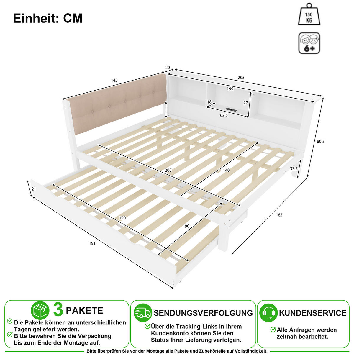 VÝSUVNÁ POSTEL 140/200 cm & 90/190 cm v bílé barvě s LED, USB a policemi - bílá, dřevo/kompozitní dřevo (140/200cm) - CHICFURN