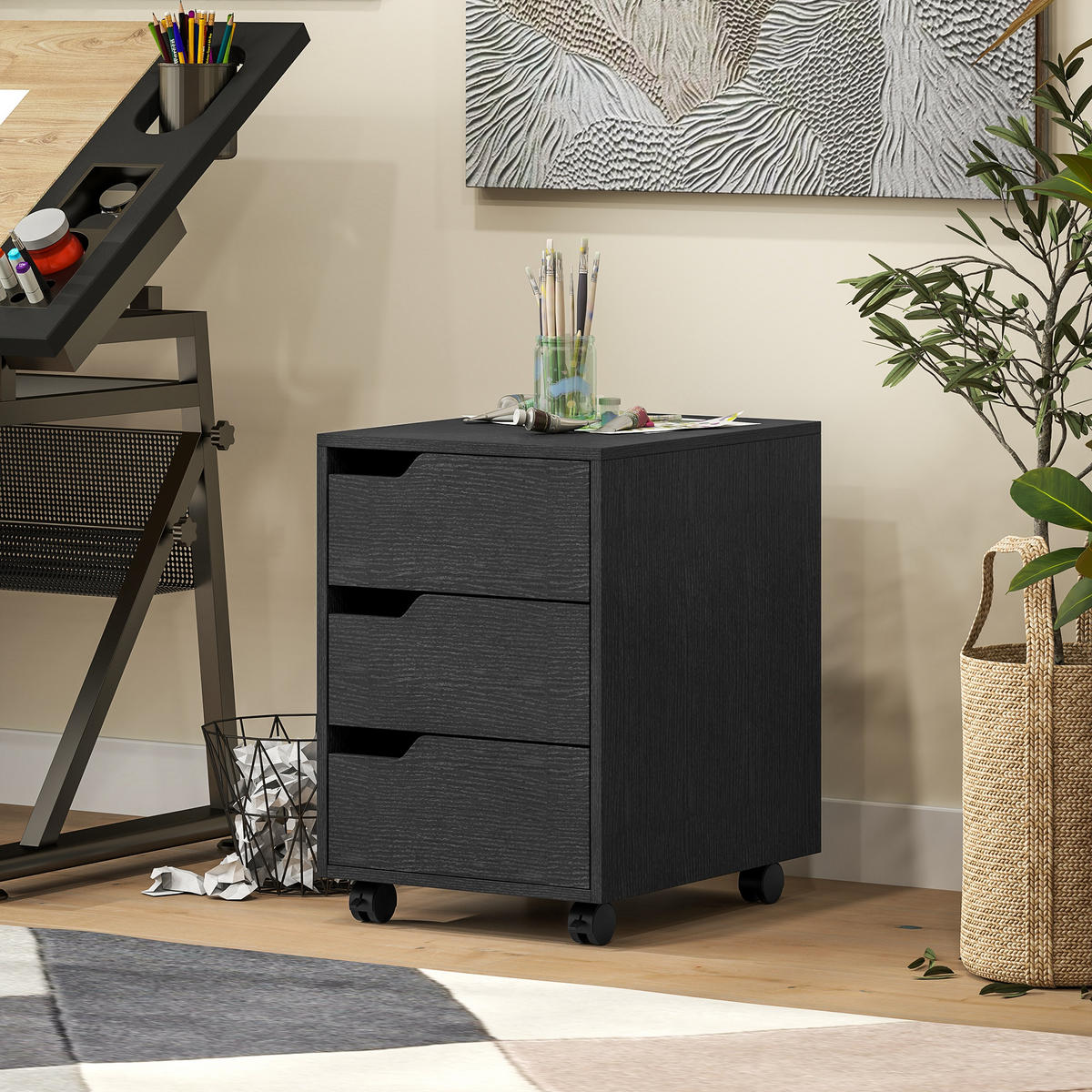 ROLLCONTAINER DE-14468 3 Schubladen, mobil Schwarz - Schwarz, Holzwerkstoff (40/57.5/50cm) - ComfortXL