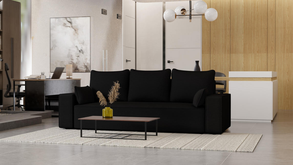 SOFA Vens mit Bettkasten und Schlaffunktion, Cordstoff - Schwarz, Holzwerkstoff (242/85/95cm)