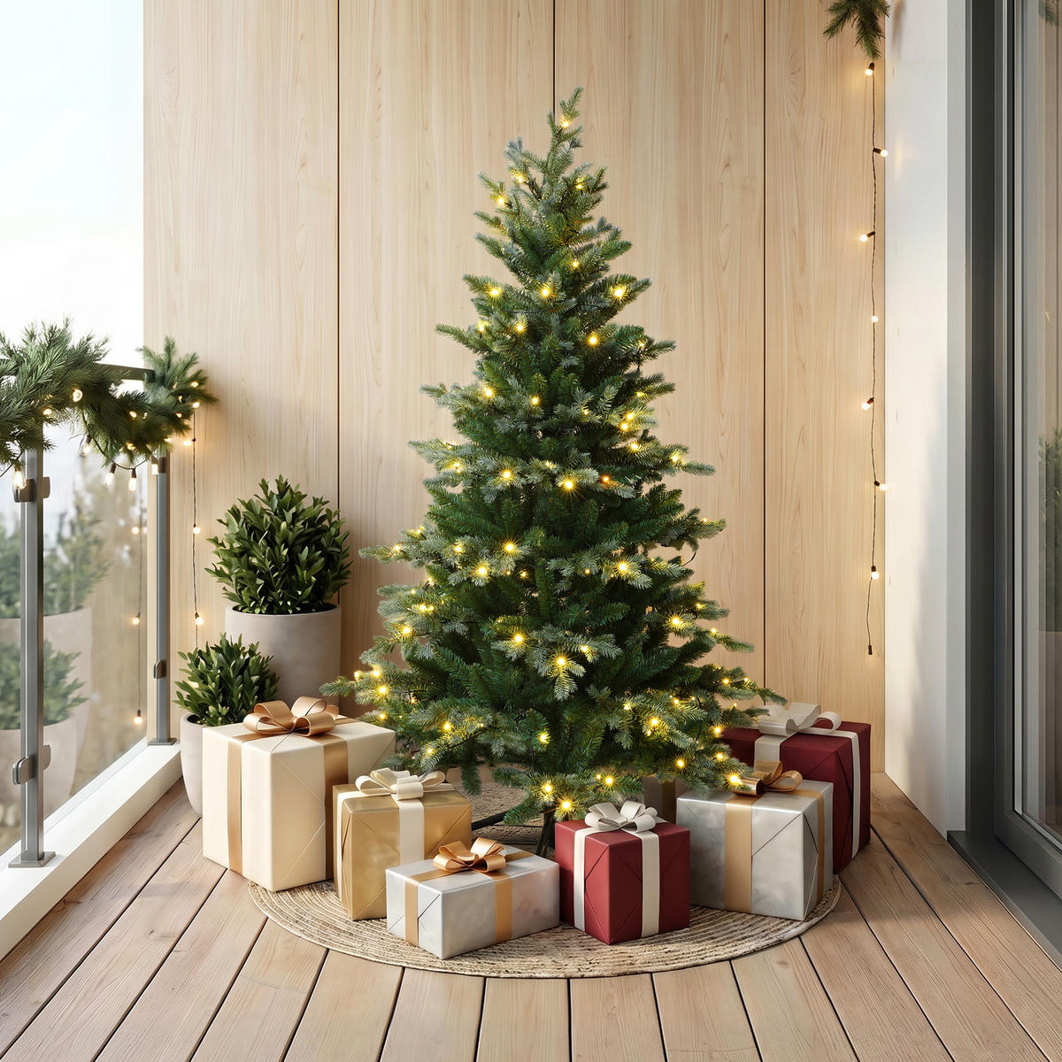 KÜNSTLICHER Weihnachtsbaum 150 cm mit Beleuchtung,8 Lichtmodi - Grün, Kunststoff (100/150/100cm) - Hometopia