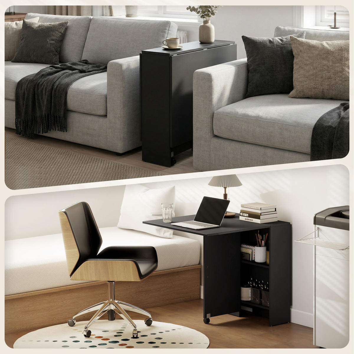 KLAPPTISCH DE-16473 klappbar, auf Rollen, 2 Regale Schwarz - Schwarz, Holzwerkstoff (75/140/74cm) - ComfortXL
