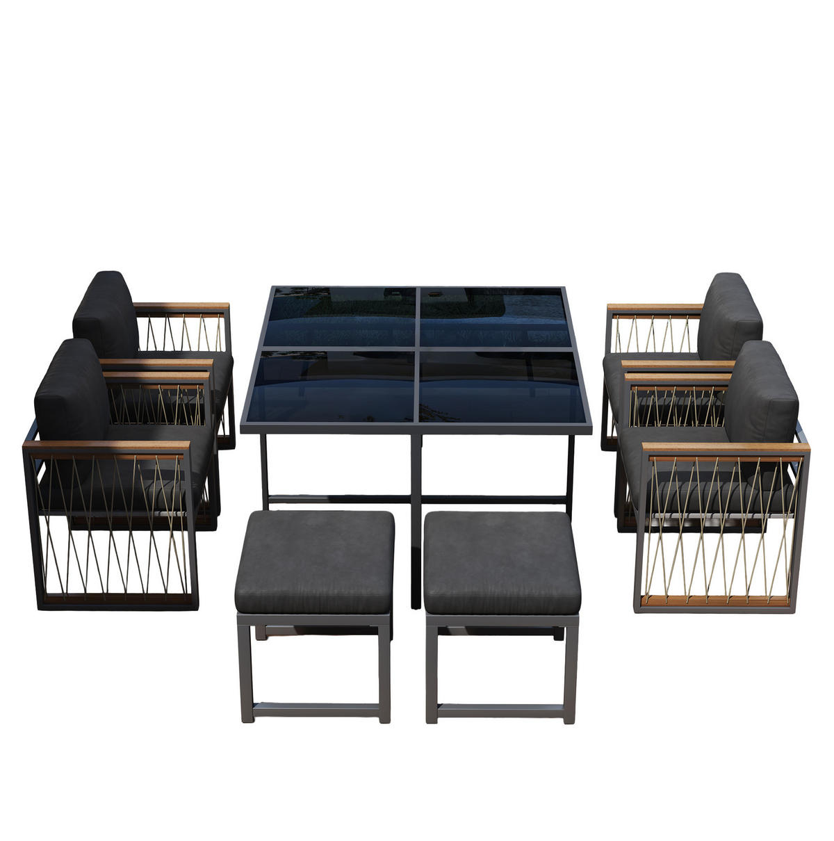 GARTEN-ESSGRUPPE 7-tlg. mit Tisch 117x117 cm Schwarz/Natur - Schwarz, Metall - Beauniv