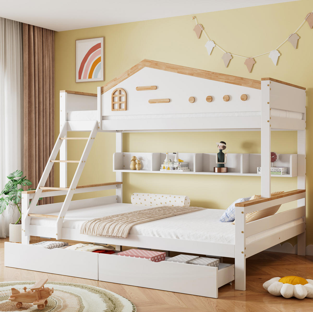 ETAGENBETT 90/200 & 140/200 cm aus Kiefer und MDF mit Regalen, 2 Schubladen und Schrägleiter, Weiß/Natur - Weiß, Holzwerkstoff (90/200cm) - Redom