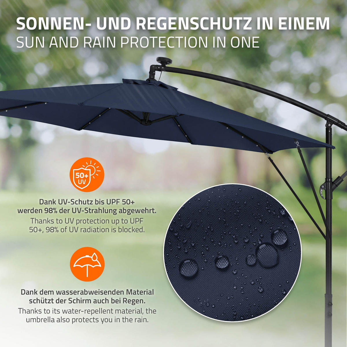 AMPELSCHIRM Ø 300 cm in Navy Blau aus Aluminium mit LED-Solar - Blau, Metall (300/300cm) - ML-DESIGN