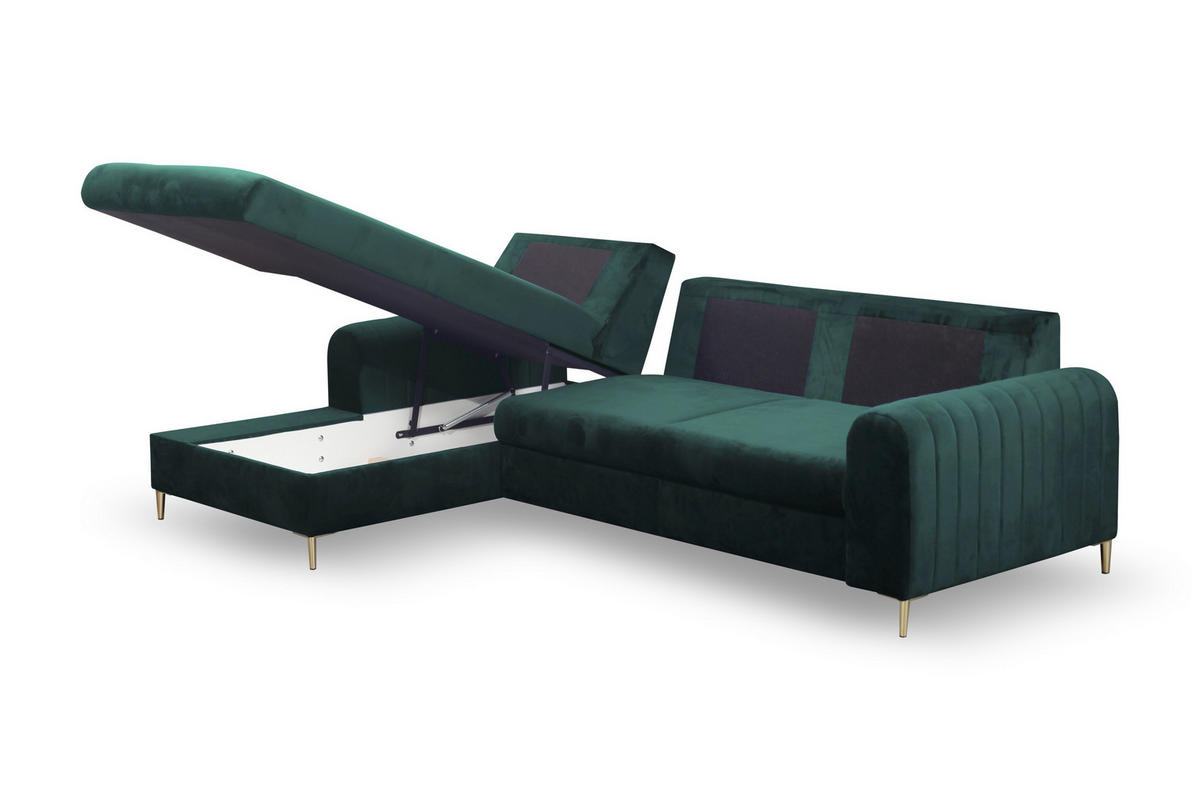 ECKSOFA VERONA L-S Grün Velours-Stoff mit Schlaffunktion - Grün, Holz (251/164cm) - MASSENO