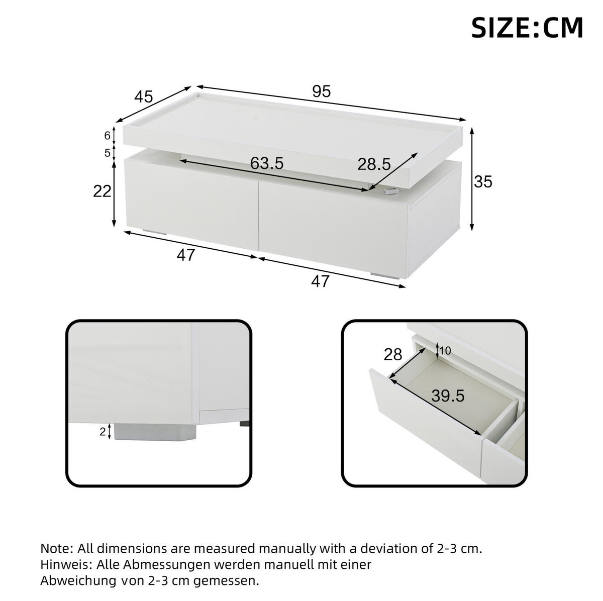 COUCHTISCH aus Spanplatte 95x45x35 cm in Weiß mit LED-Beleuchtung - Weiß, Holzwerkstoff (95/45/35cm) - Modfu