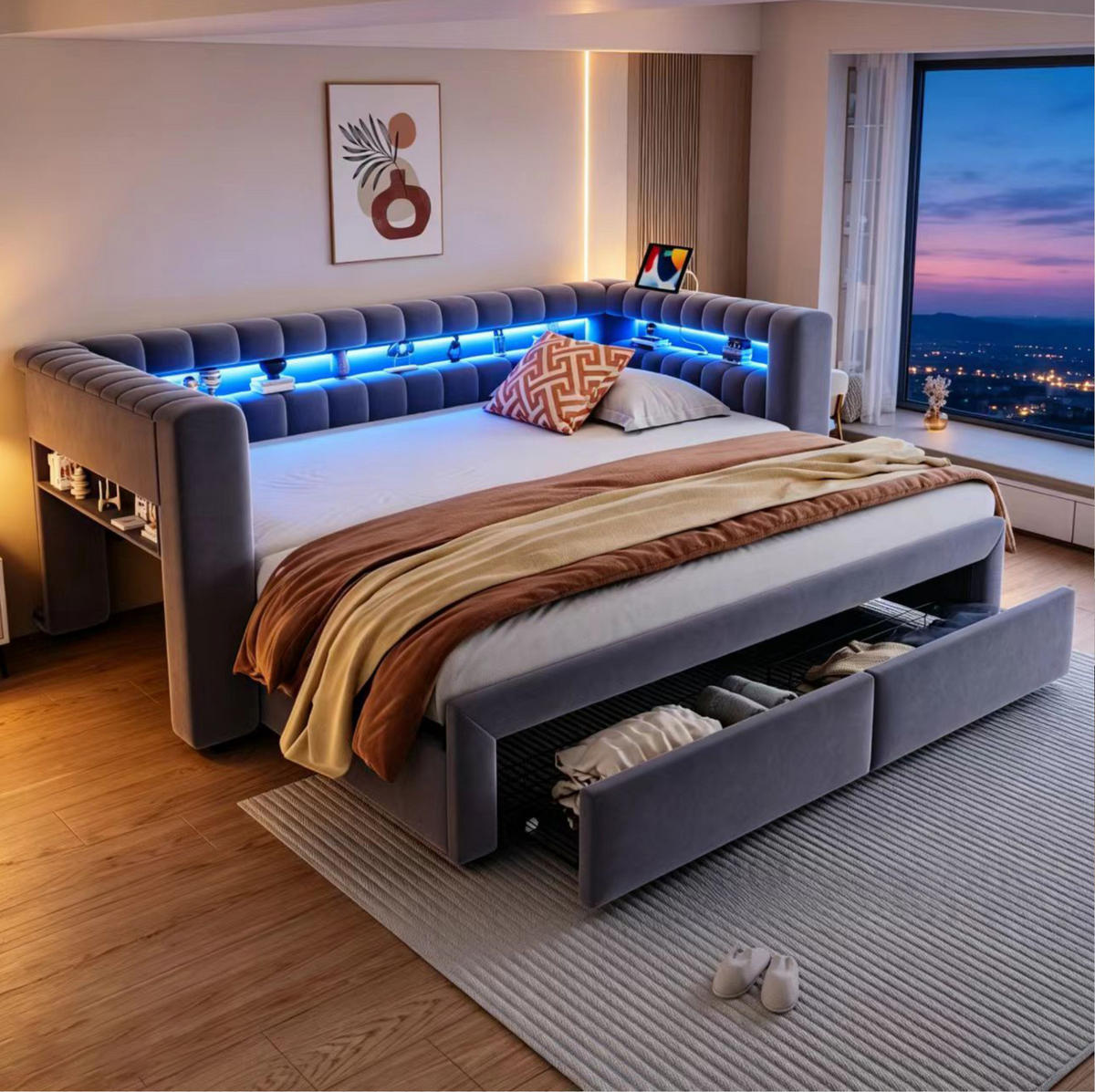 ROZKLÁDACÍ postel 90/190 cm sametová s LED osvětlením, USB-C a úložnými prostory, Šedá - šedá, textil (90/190cm) - Redom