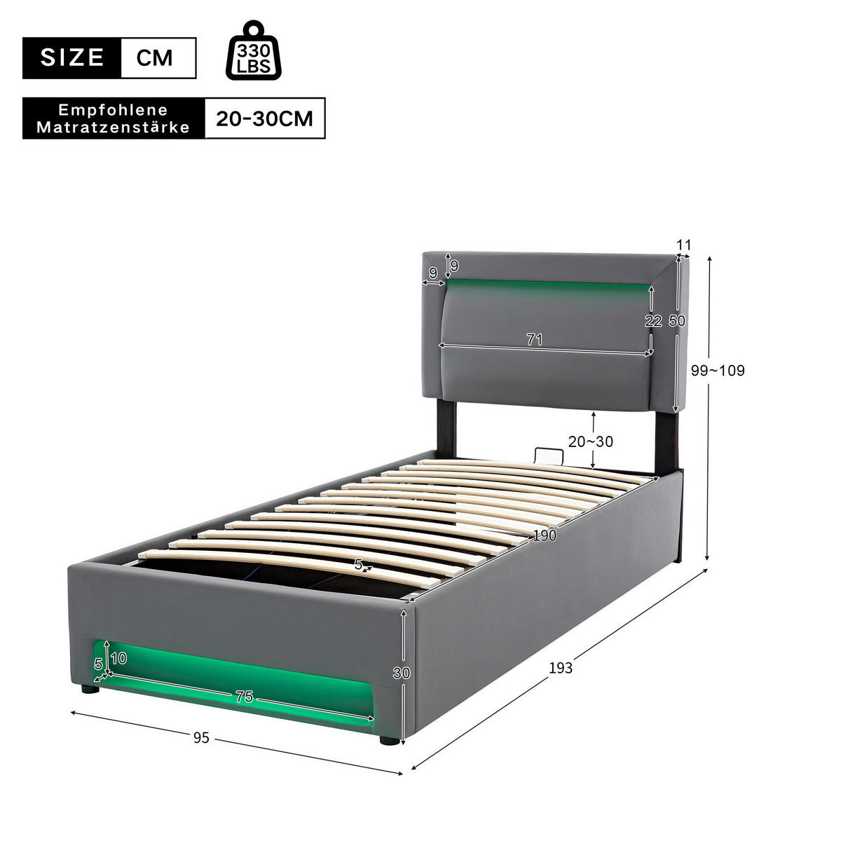 TAPECIRANI krevet 90/190 cm sivi od PU-a s LED rasvjetom USB punjenjem i spremištem - siva, plastika (90/190cm) - OKWISH