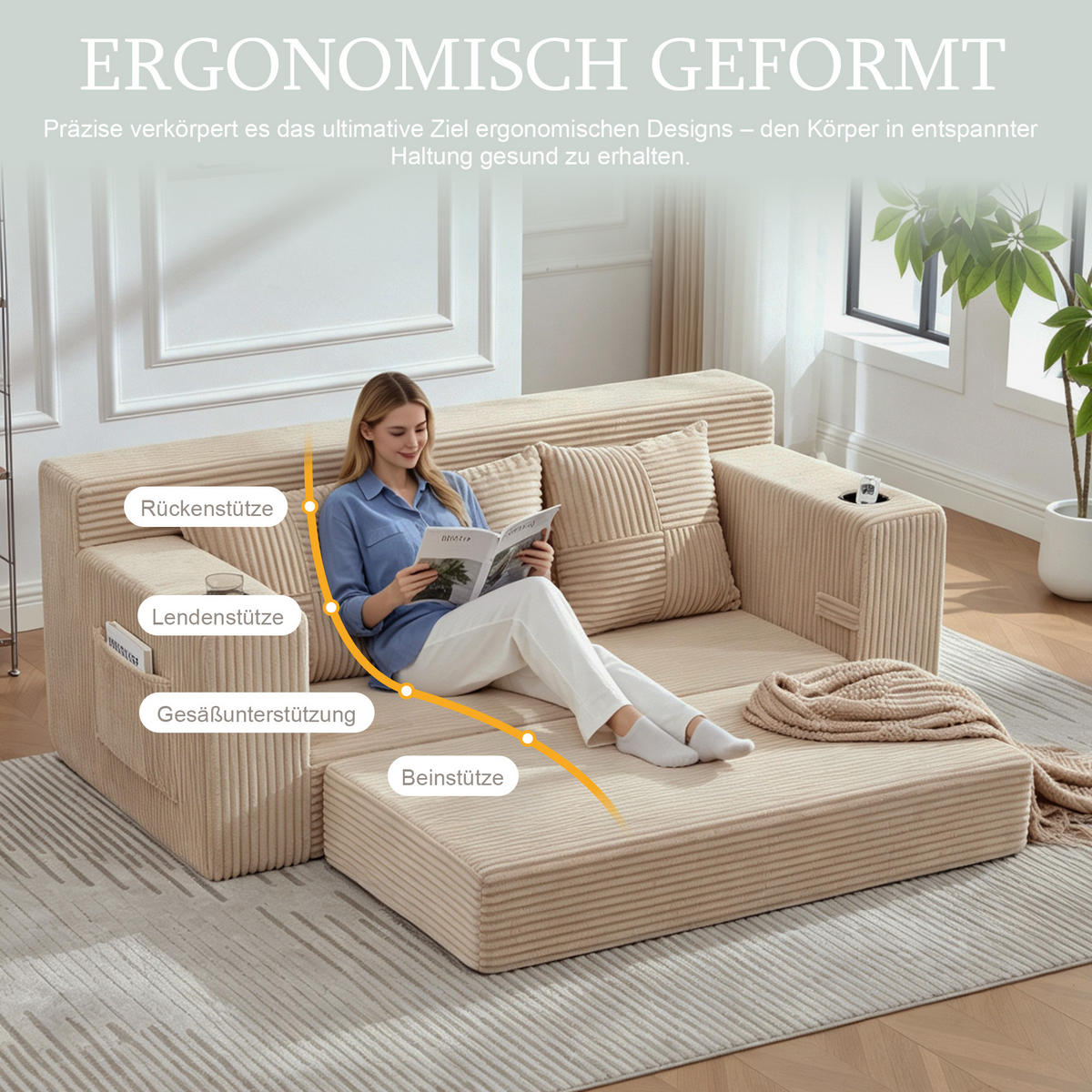 2-SITZER Bodensofa ausklappbar, Getränkehalter/Seitentaschen, Cord, hellbraun - Hellbraun, Textil (172/64/87cm) - LVHOM