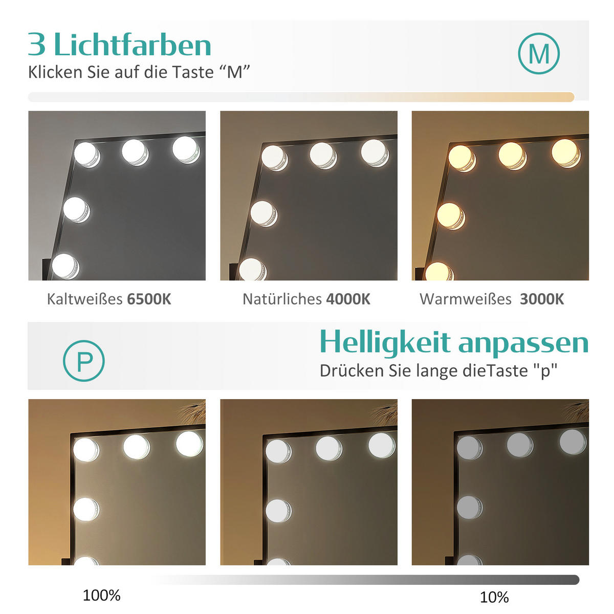 KOSMETIKSPIEGEL Rechteckiger mit Beleuchtung, Schwarz, 30/25 cm - Schwarz, Glas (25/8.5/30cm) - EMKE