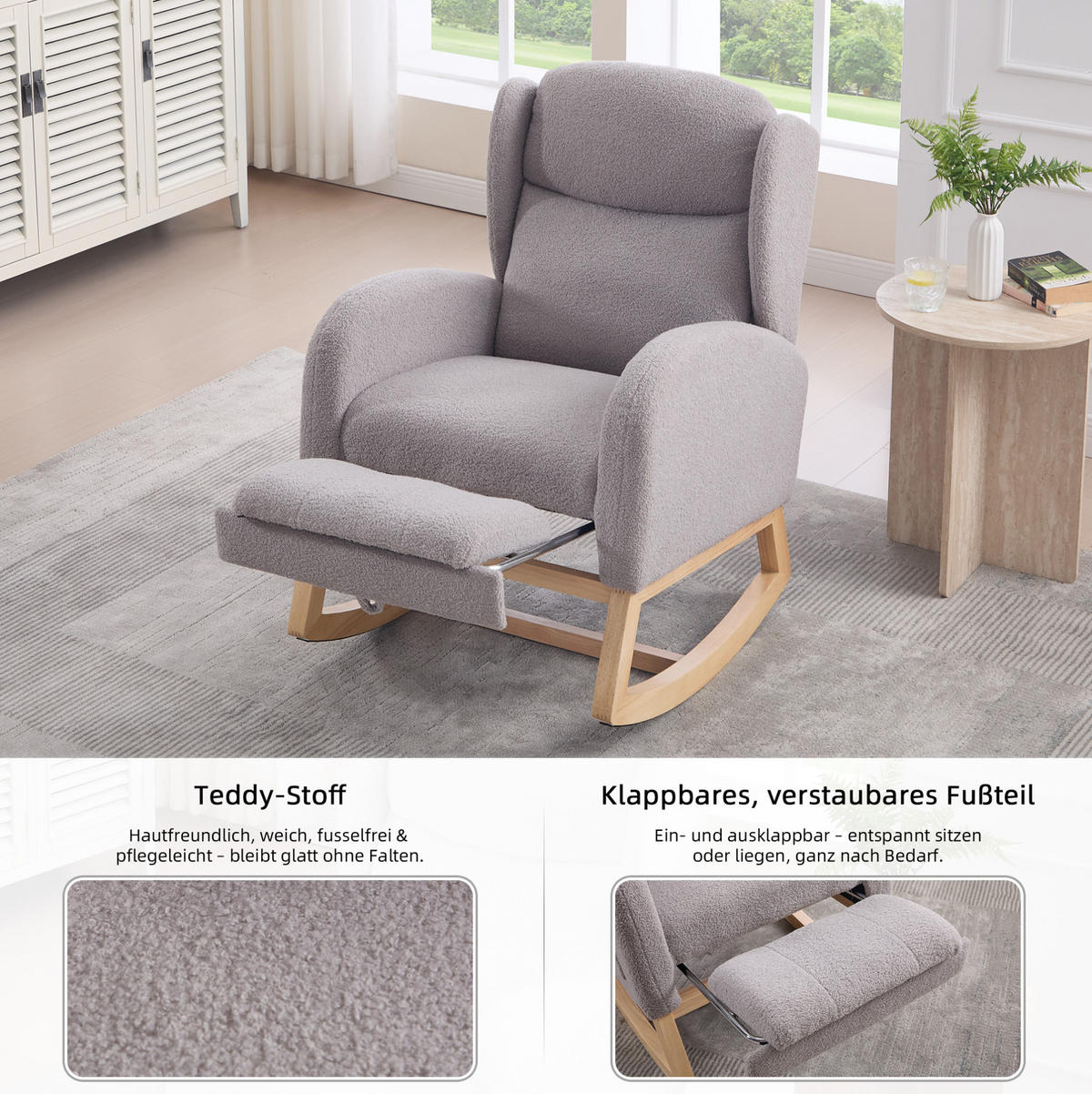 SCHAUKELSTUHL Teddy-Stoff mit Fußstütze und Seitentaschen 122.5/70/104 cm Grau - Grau, Textil (70/104/122.5cm) - Redom