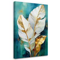 LEINWANDBILD Weiße und goldene Blätter auf türkisfarbenem Hintergrund 80x120cm - Türkis, Textil (80/120cm) - Feeby