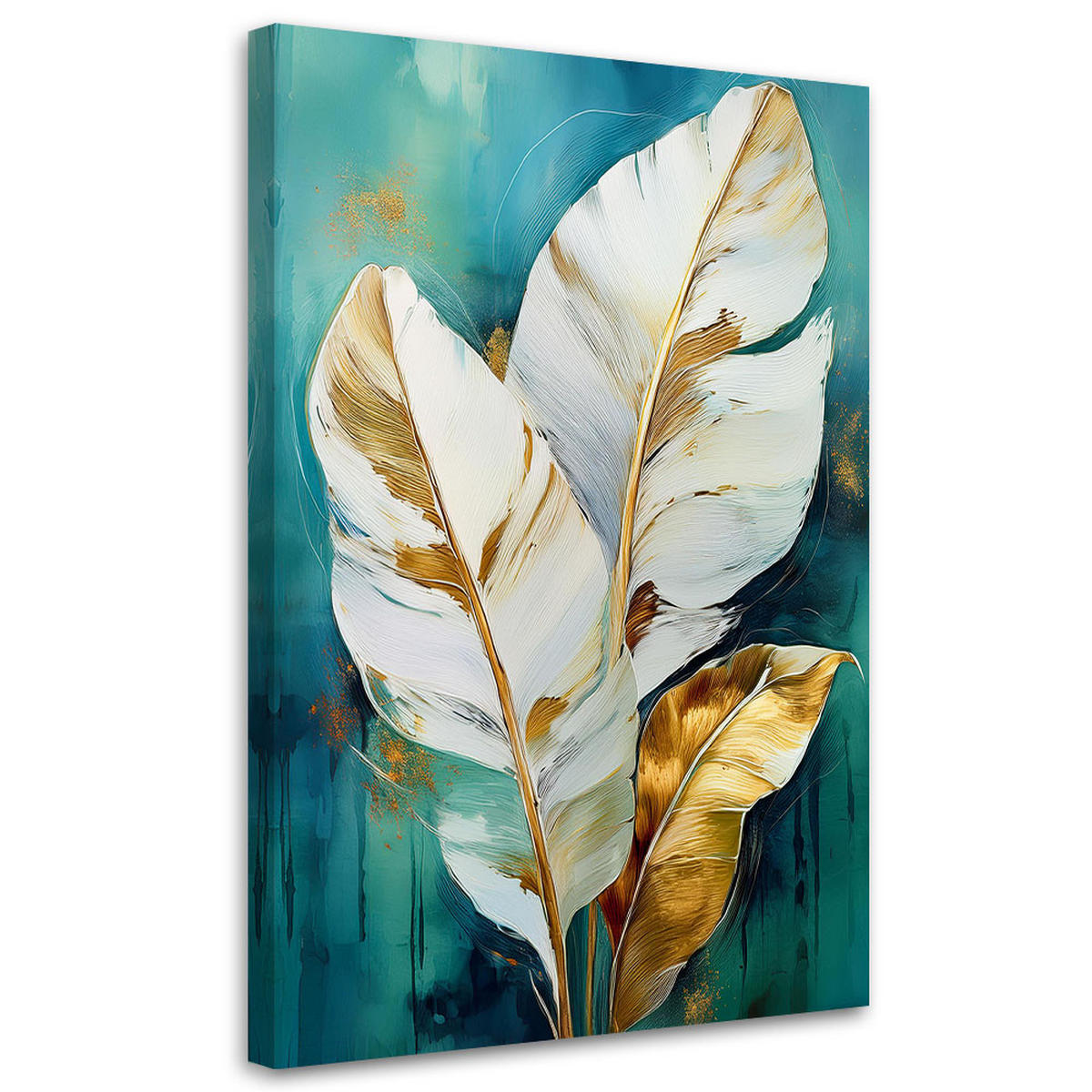 LEINWANDBILD Weiße und goldene Blätter auf türkisfarbenem Hintergrund 80x120cm - Türkis, Textil (80/120cm) - Feeby