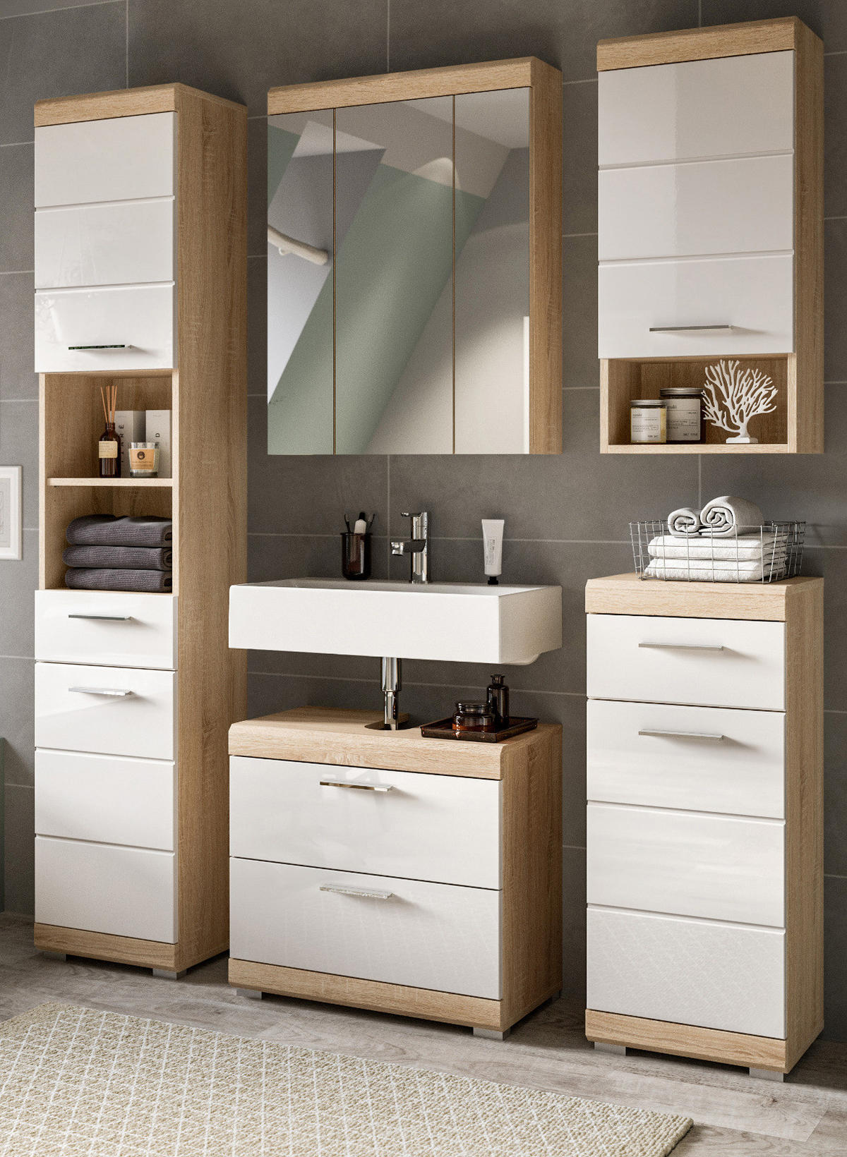 BADMÖBEL-SETWEISS Hochglanz, Eiche 5-teilig 164 cm, Komplettset mit viel Stauraum - Weiß Hochglanz/Eichefarben, Holzwerkstoff (164/191/37cm) - Inn.Furn