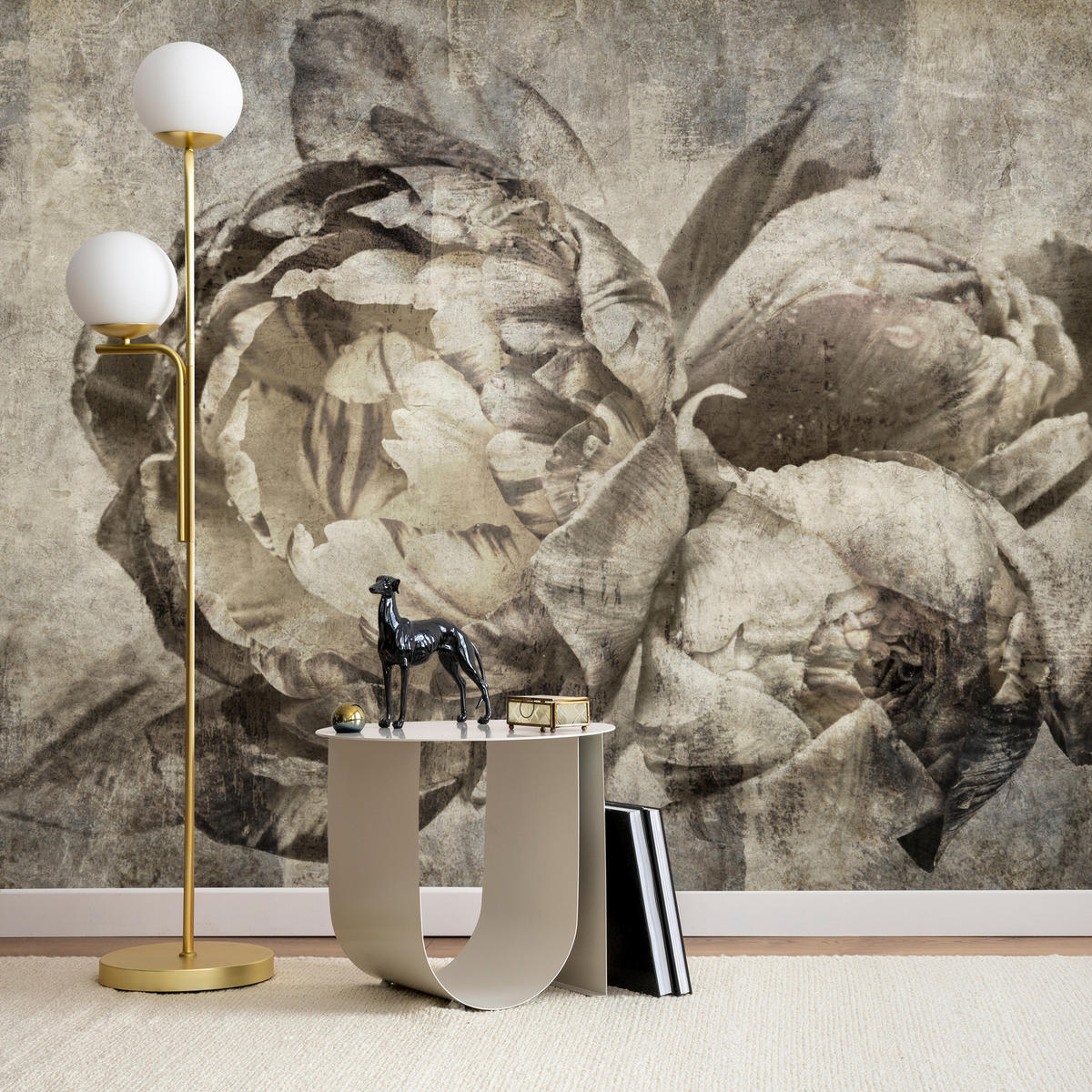 FOTOTAPETE Pfingstrosen Blumen Beton Vintage 250x175 - Beige/Braun, Papier (250/175cm) - Muralo