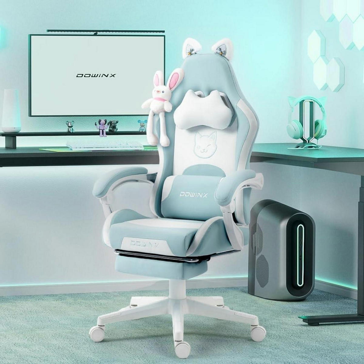GAMING Stuhl Süße Katze Edition Blau mit Fußstütze - Hellblau, Kunststoff (53/125/50cm)