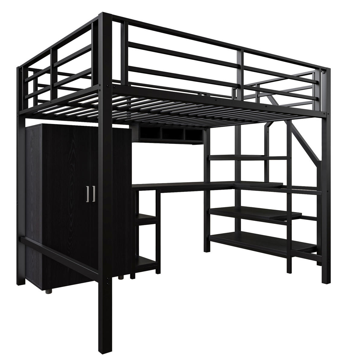 HOCHBETT 140/200 cm schwarz mit Kleiderschrank und integriertem Schreibtisch - Schwarz, Metall (140/200cm) - OKWISH