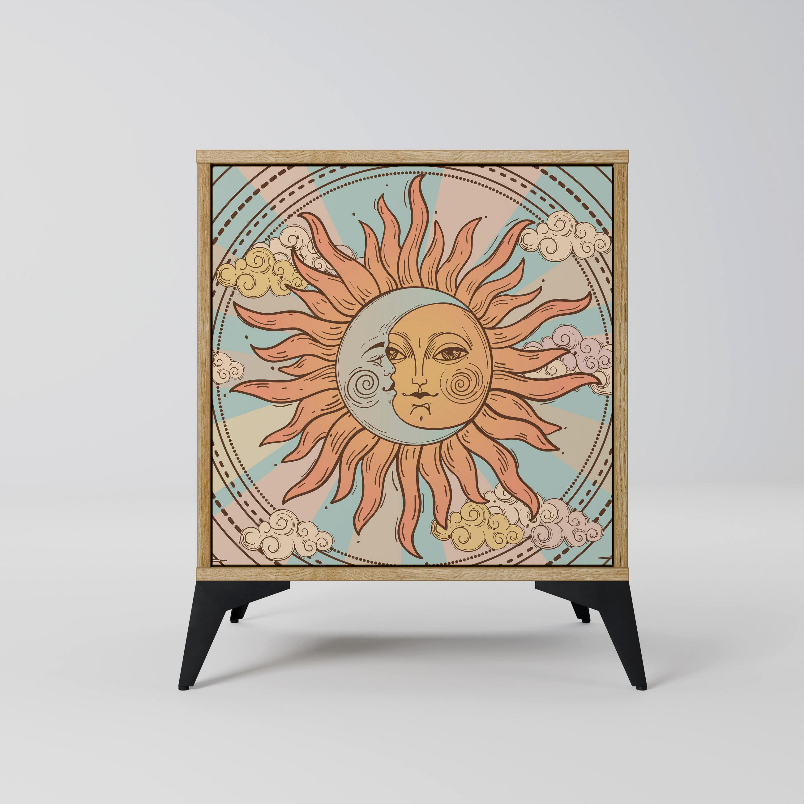 SIDEBOARD MYSTICAL STRUCTURE, Eichefarben, 57,5x42x70,5 cm, Schwarze Metall-Sternfüße - Eichefarben/Multicolor, Holzwerkstoff/Metall (57.5/70.5/42cm) - SpaceRebels