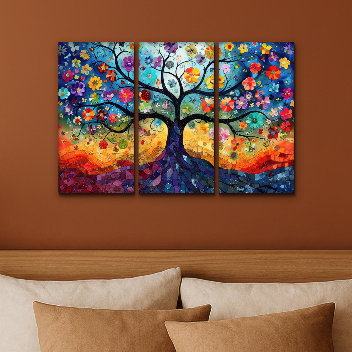 LEINWANDBILD 3er Set Bunt - Baum des Lebens - Blumen - Abstrakt 60x40 cm - Blau, Textil (60/40cm) - MuchoWow