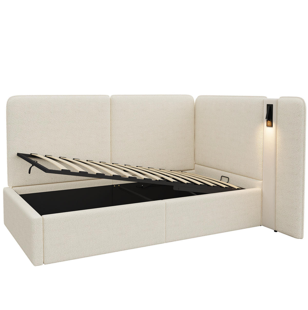BETT 90/200 cm mit Bettkasten, USB-C-Anschluss und Leselampe, Bouclé Beige - Beige, Textil (90/200cm) - BEAOK