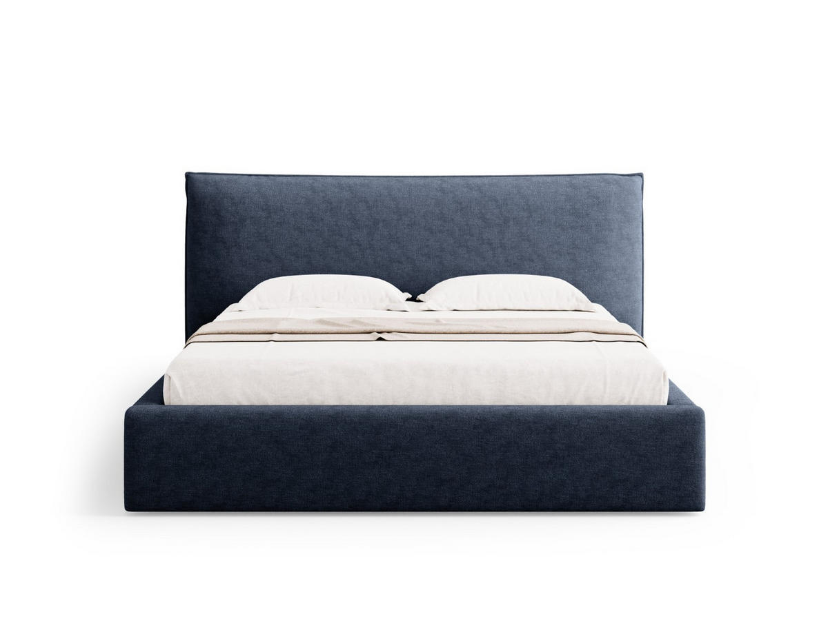 BETT mit Bettkasten und Kopfteil Kaelle aus Chenille-Stoff dunkelblau 200x200cm - Dunkelblau, Textil (200/200cm) - Micadoni
