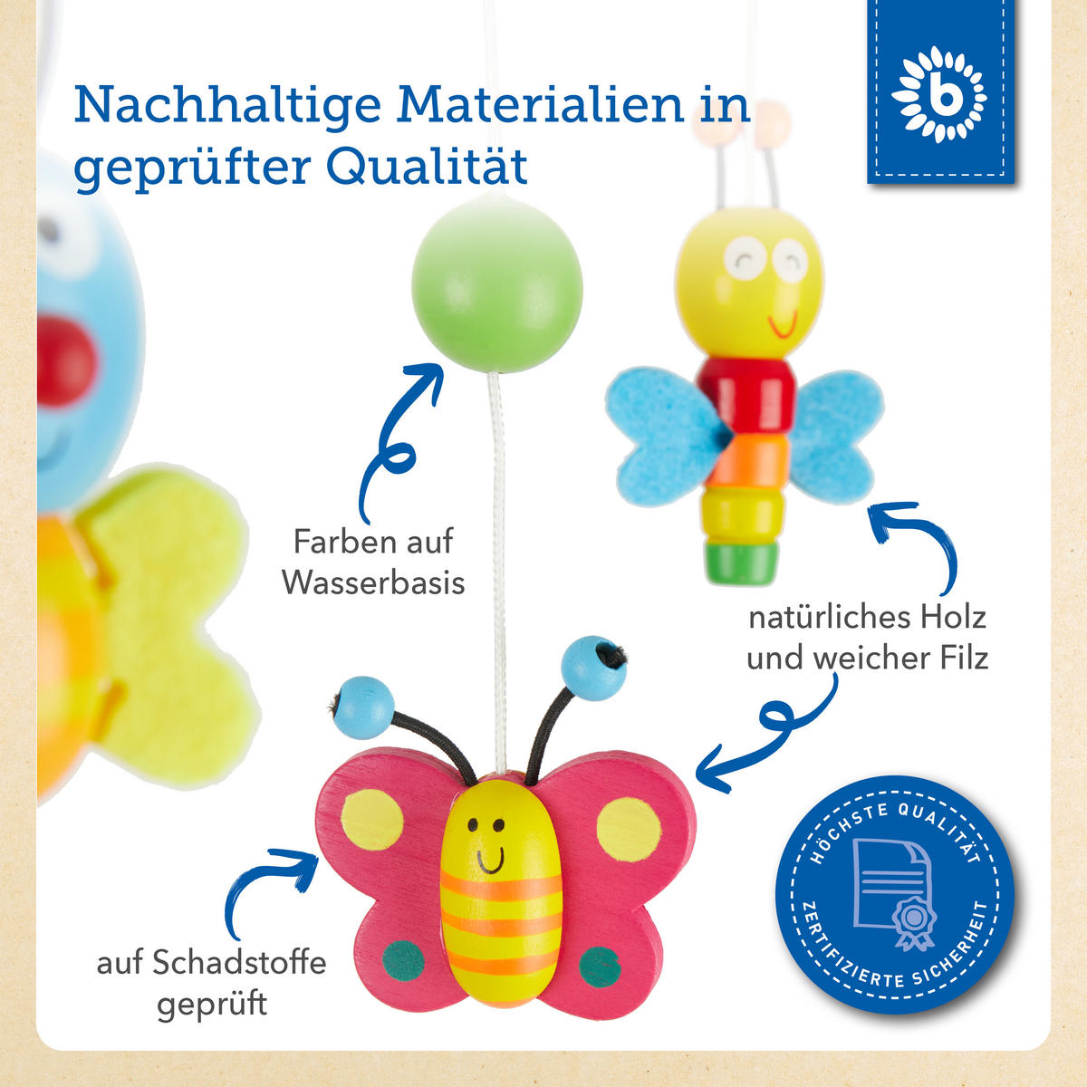 BABY-MOBILE Käferchen Holz - ab Gebur 3D - Multicolor, Holz (26/26cm) - Bieco Spielwaren