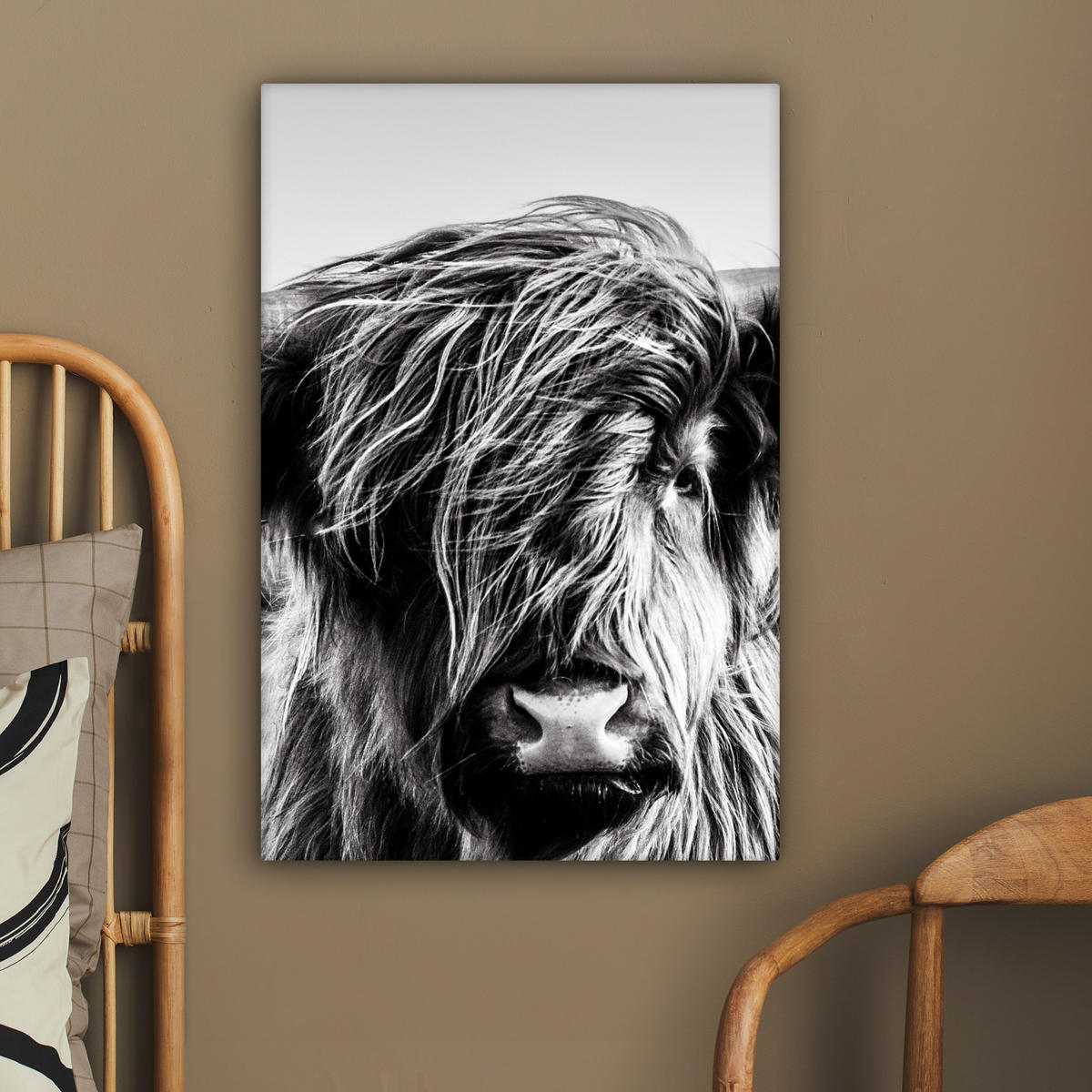 LEINWANDBILD Kuh - Schottischer Hochländer - Schwarz - Weiß - Tier - Natur - Wildtiere 40x60 cm - Schwarz, Textil (40/60cm) - MuchoWow