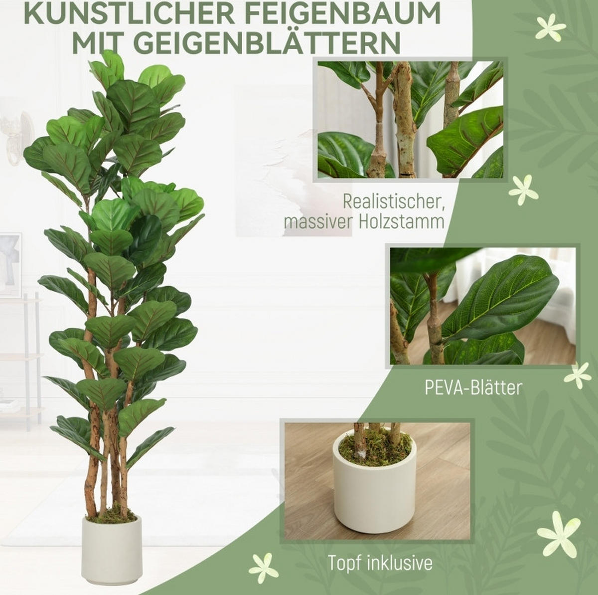 KUNSTPFLANZEN 50/50/150 cm grün aus Kunststoff mit Holzstamm im Topf - Grün, Kunststoff (150cm) - OKWISH