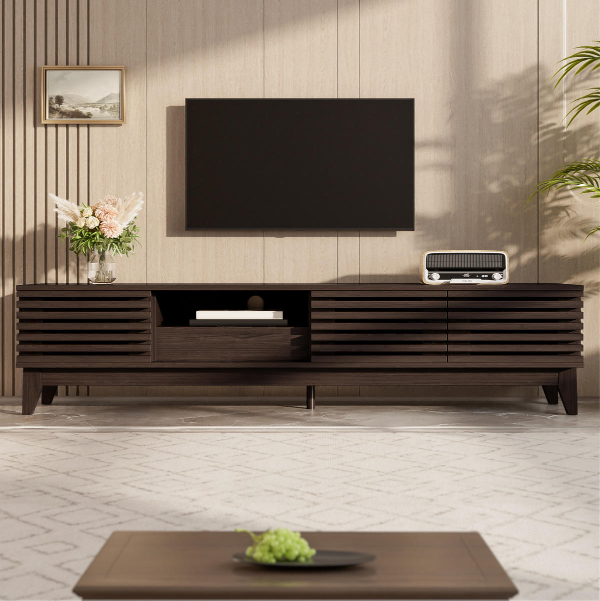 TV skříňka, 170/35/40 cm, dřevotříska v přírodní barvě, 3 dvířka a zásuvka - přírodní, kompozitní dřevo (170/40/35cm) - BEAOK