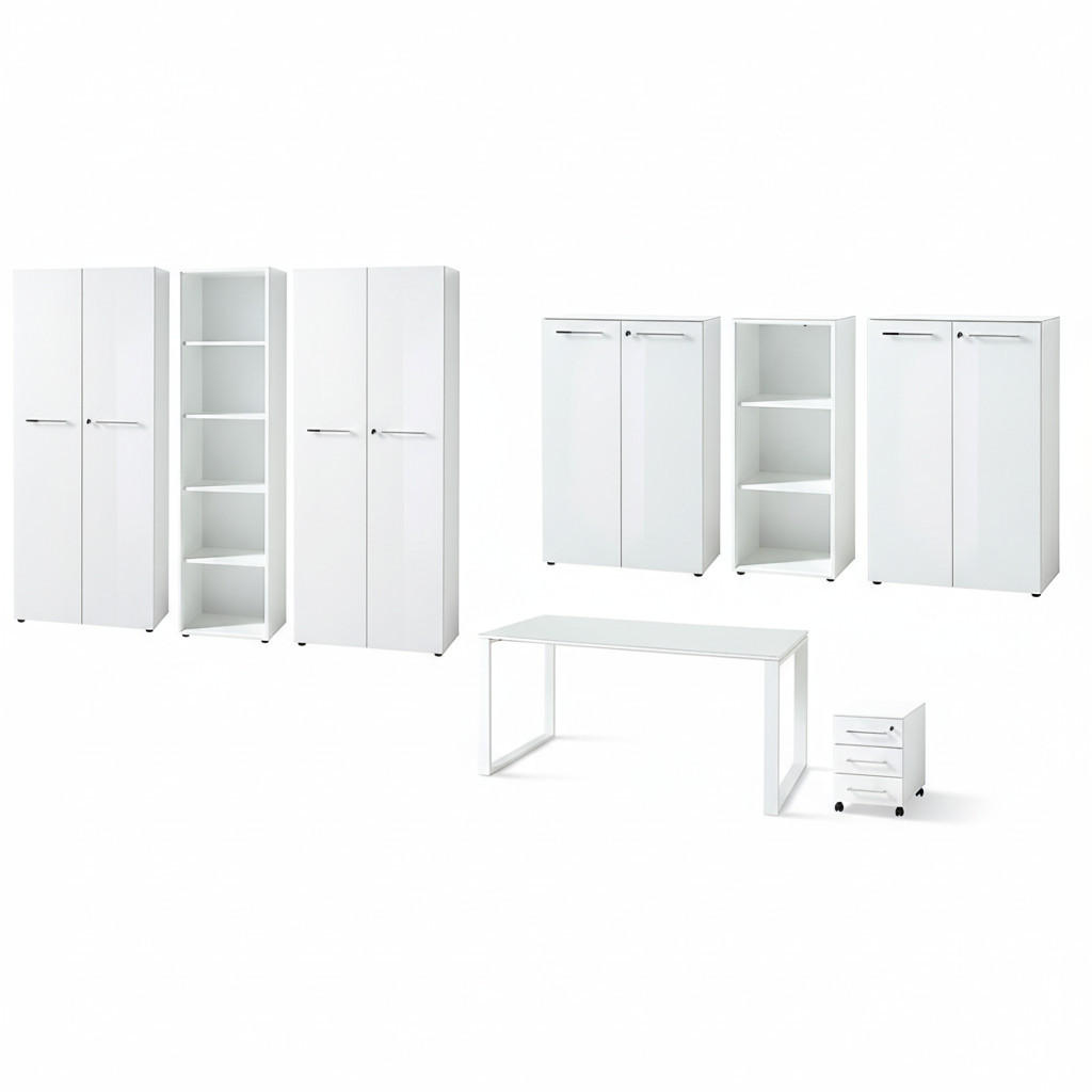 BÜRO-SET MUENCHEN 8-teilig Weiß | Glas & Abschließbar & Soft-Close - Weiß, Holzwerkstoff/Metall (575/196/80cm) - KADIMA DESIGN
