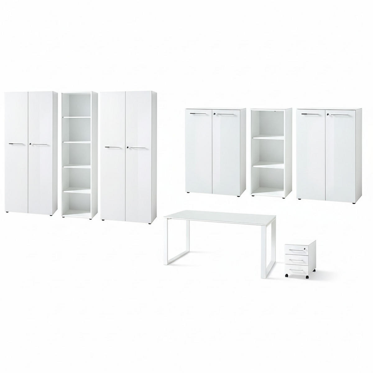 BÜRO-SET MUENCHEN 8-teilig Weiß | Glas & Abschließbar & Soft-Close - Weiß, Holzwerkstoff/Metall (575/196/80cm) - KADIMA DESIGN
