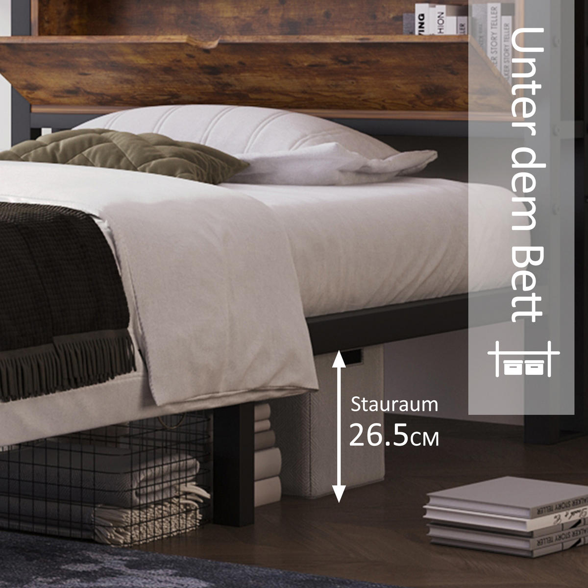METALLBETT 90/200 cm in Natur mit Regal und Stauraum - Braun, Holzwerkstoff/Metall (90/200cm) - WISHDOR